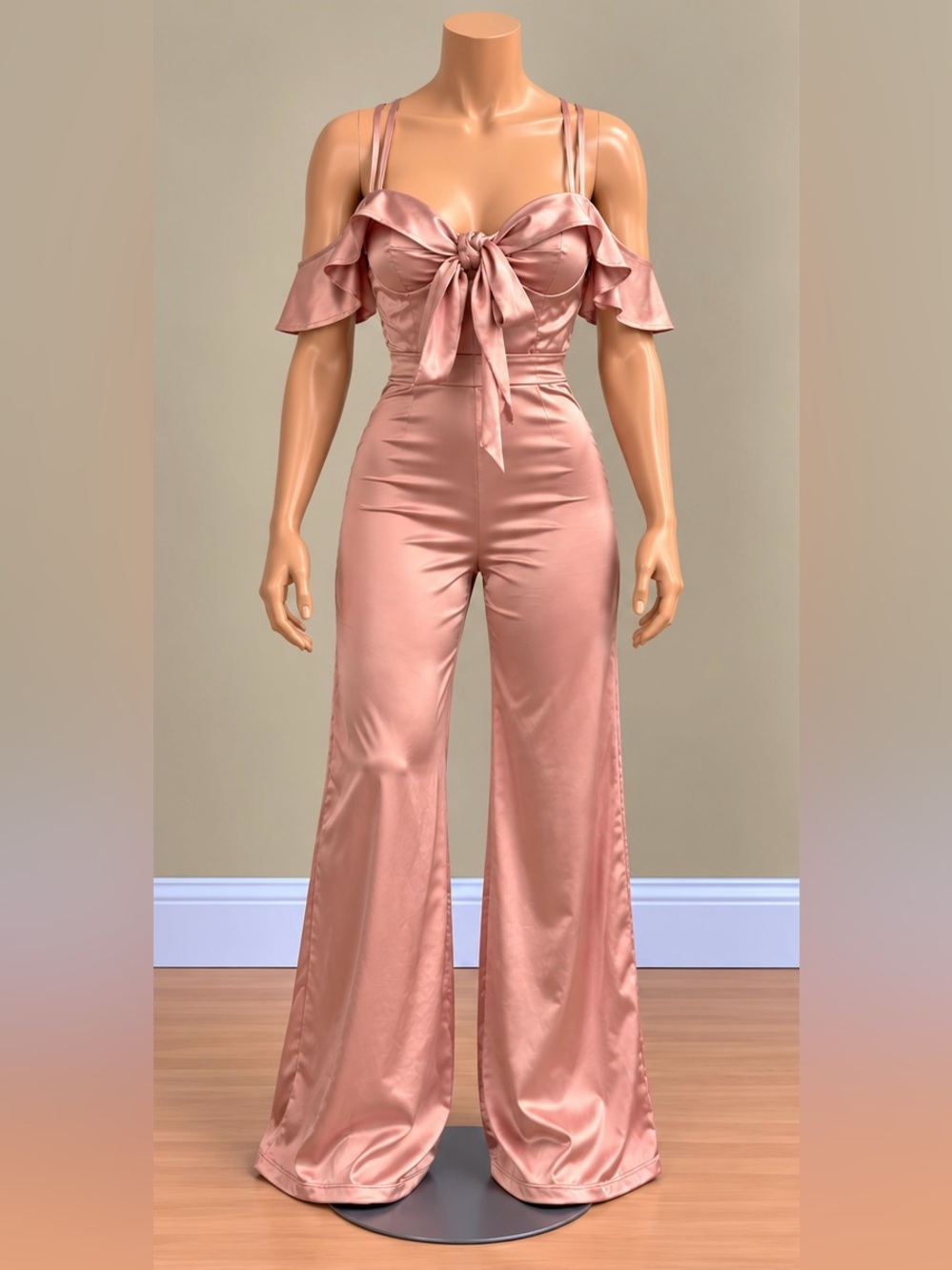 Fashion Nova Mauve Satin Ruffle Cold Shoulder Wide Leg Jumpsuit